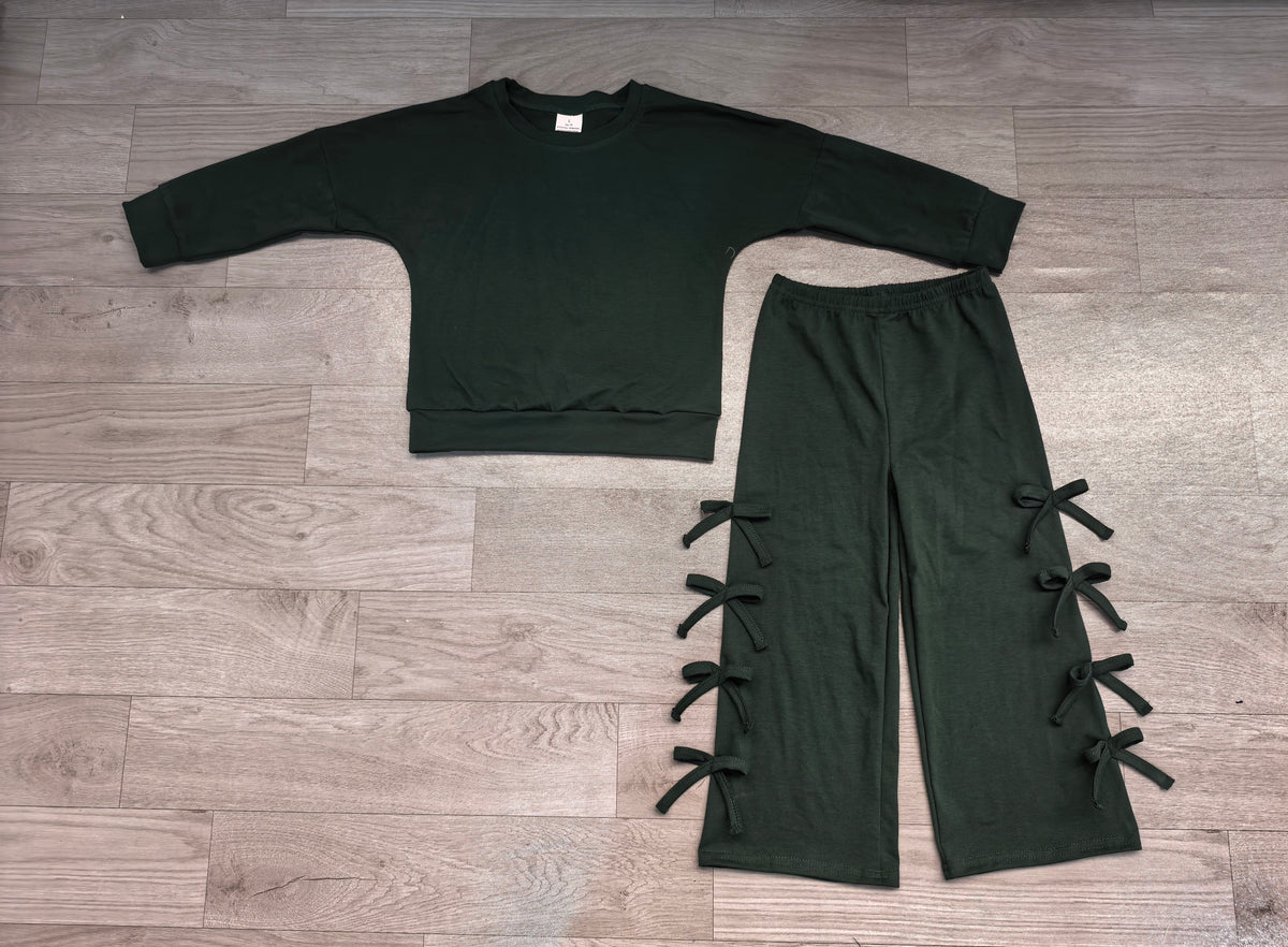 (Sample) No moq cotton GLP3847 Baby Girls Green Long Sleeve Top Bows Pockets Flare Pant Clothes Set Casual Daily Wear