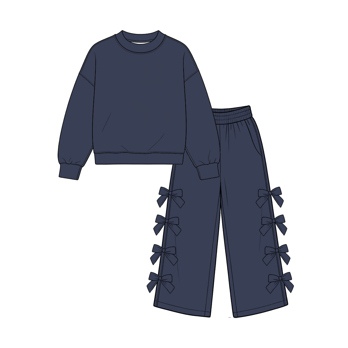 (Preorder new) No moq cotton Baby Girls Crew Neck Long Sleeve Sweatshirt And Multi Side Bow Wide Leg Pants Fall Casual Two Piece Clothes Set