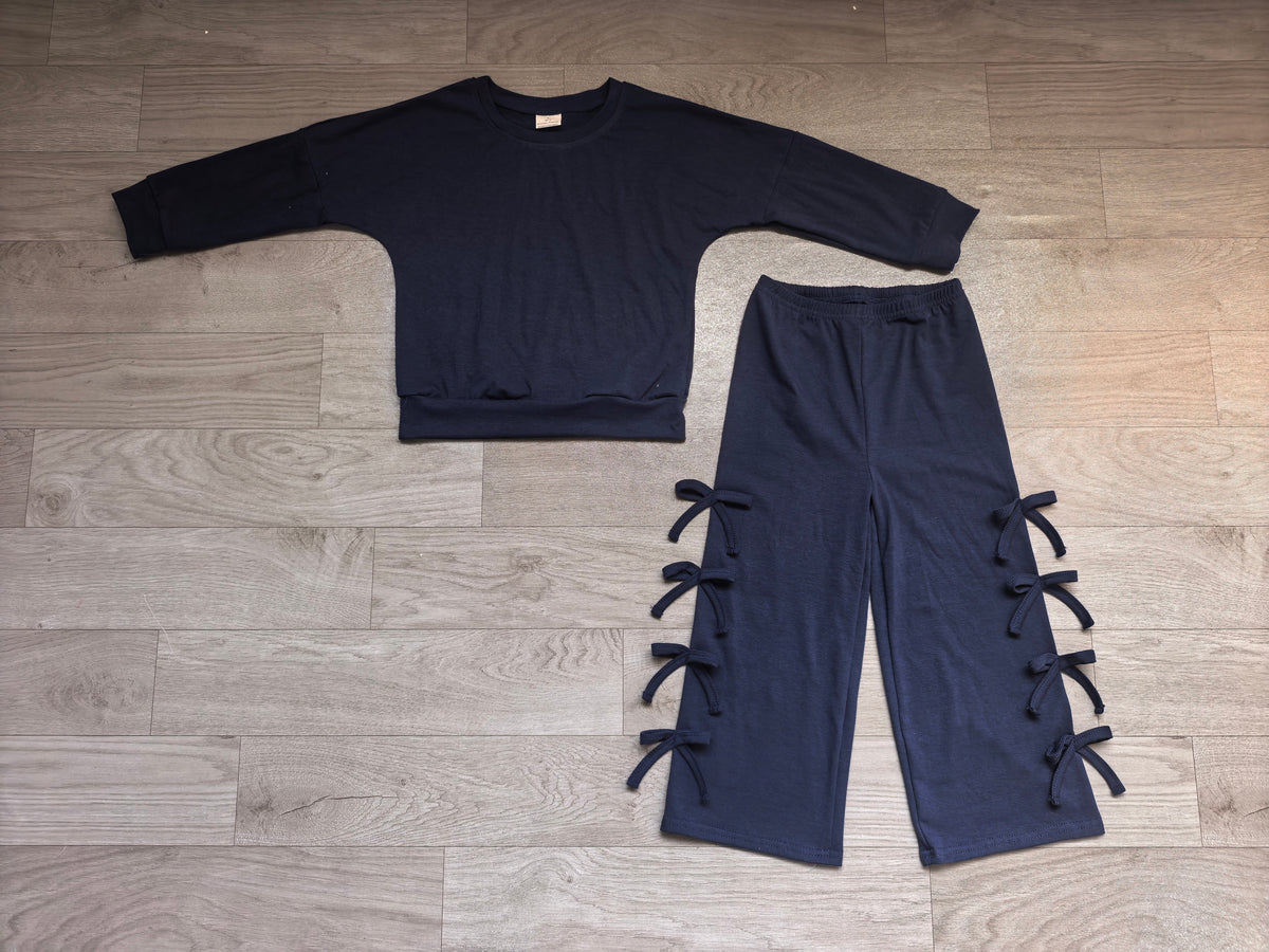 (Sample) No moq cotton GLP3849 Baby Girls Navy Long Sleeve Top Bows Pockets Flare Pant Clothes Set Casual Daily Wear