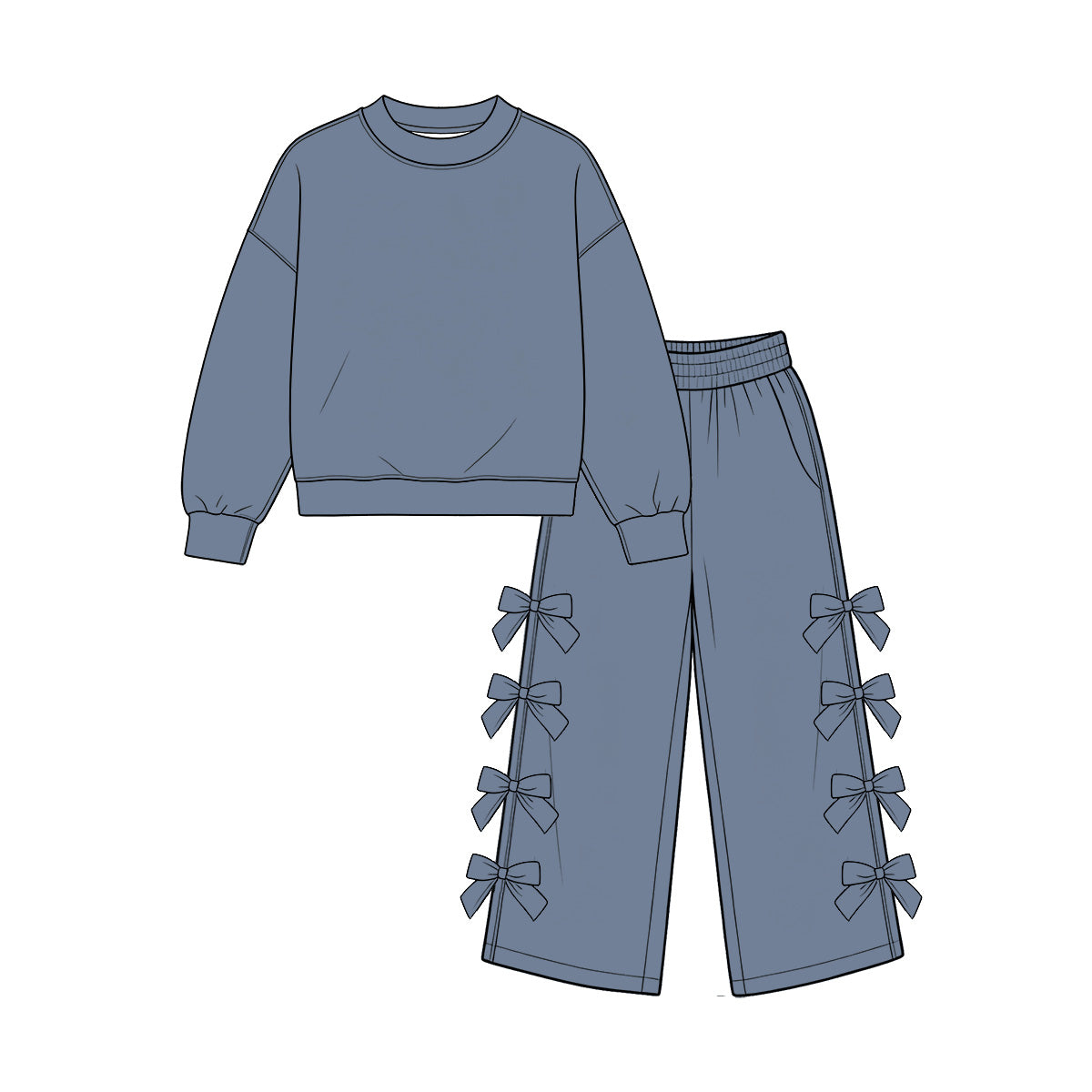 (Preorder new) No moq cotton Baby Girls Crew Neck Long Sleeve Sweatshirt And Multi Side Bow Wide Leg Pants Fall Casual Two Piece Clothes Set