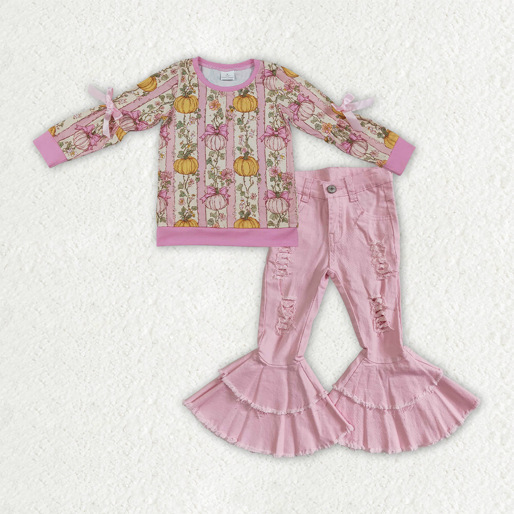 NEW RTS NO MOQ Denim GLP3851（GT1659+P0005）Baby Girls Flowers Pumpkins Bows Print Shirts Denim Bell Bottom Pants Outfit