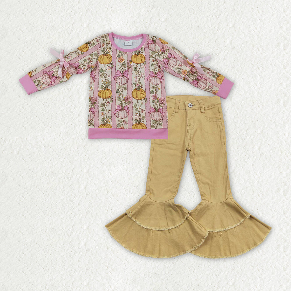 NEW RTS NO MOQ Denim GLP3852（GT1659+E12-20）Baby Girls Flowers Pumpkins Bows Print Shirts Denim Bell Bottom Pants Cute Clothes Set