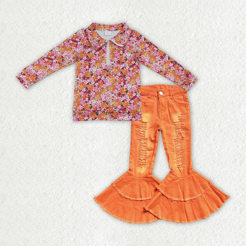 NEW RTS NO MOQ Denim GLP3853（GT1652+P0271）Baby Girls Fall Flowers Print Zip Pullovers Orange Denim Bell Bottom Pants Casual Outfit