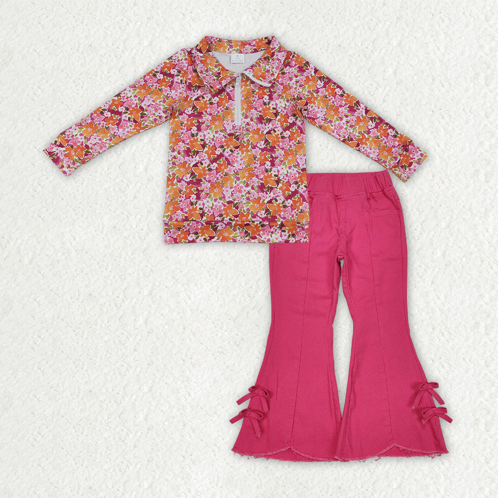 NEW RTS NO MOQ Denim GLP3854（GT1652+P0731）Baby Girls Fall Flowers Print Zip Pullovers Hot Pink Denim Bell Bottom Pants Casual Outfit