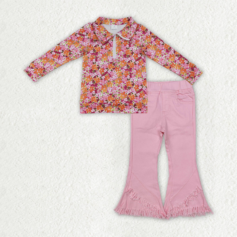 NEW RTS NO MOQ Denim GLP3855（GT1652+P0463）Baby Girls Fall Flowers Print Zip Pullovers Pink Denim Bell Bottom Pants Casual Outfit