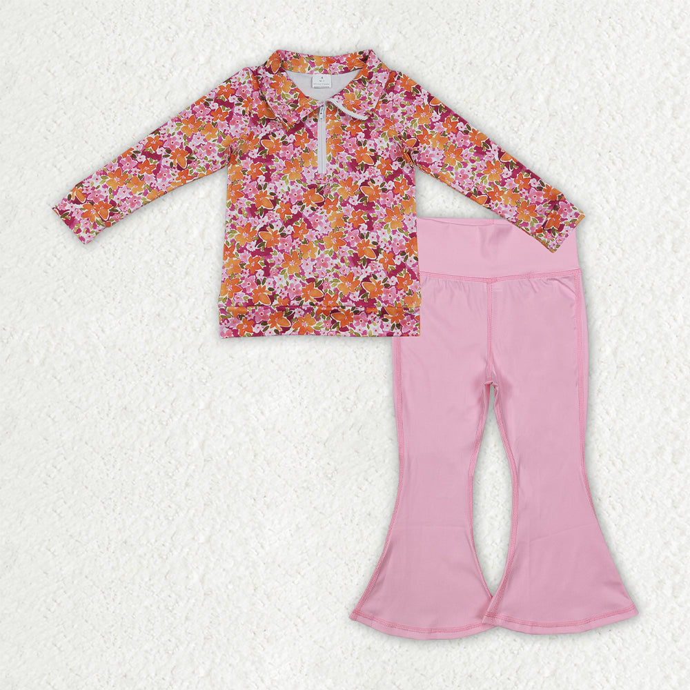 NEW RTS NO MOQ yoga fabric GLP3856（GT1652+P0576）Baby Girls Fall Flowers Print Zip Pullovers Pink Yoga Active Bell Bottom Pant Set