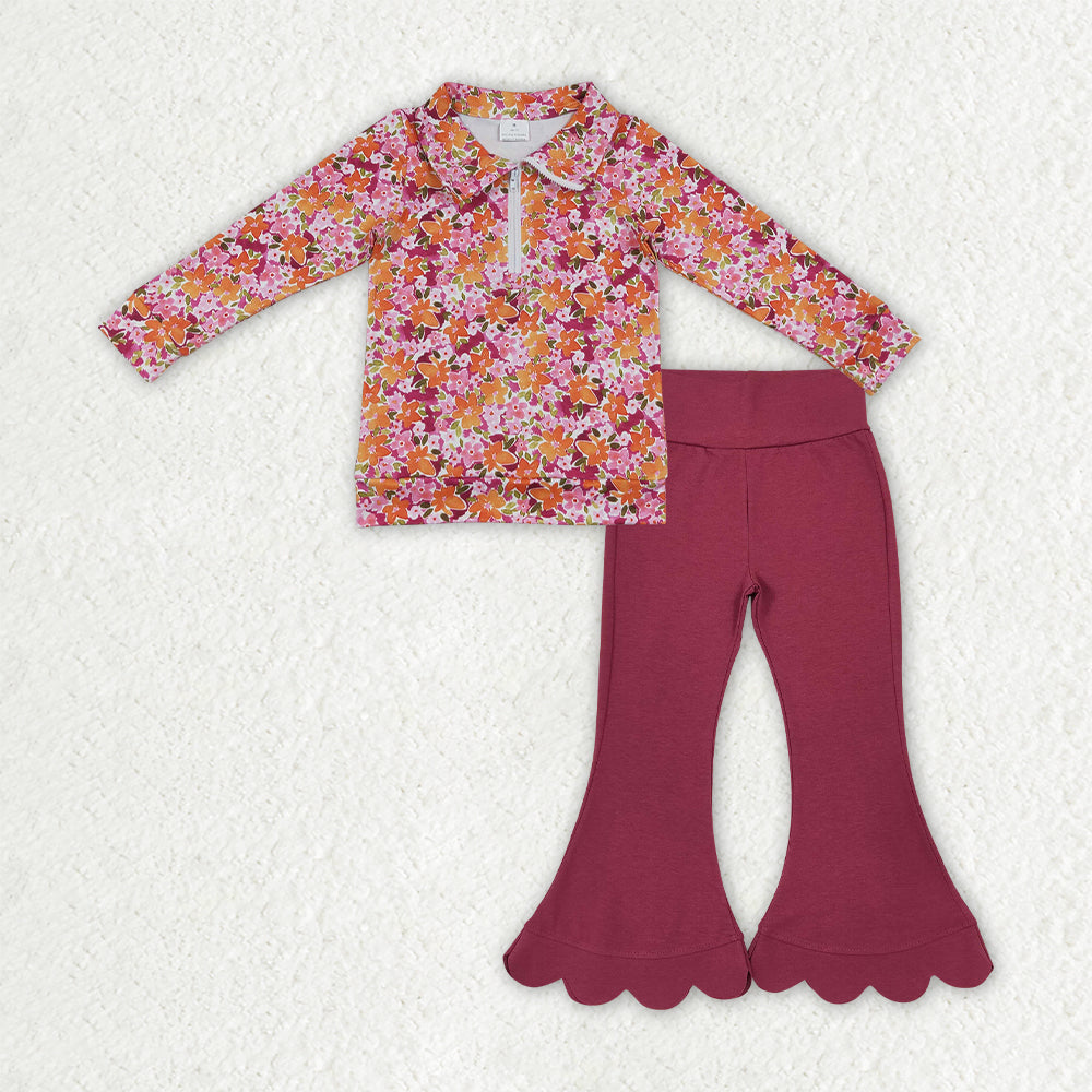 NEW RTS NO MOQ milk silk GLP3857（GT1652+P1079）Baby Girls Flowers Print Zip Pullovers Maroon Scallop Bell Bottom Pant Outfit