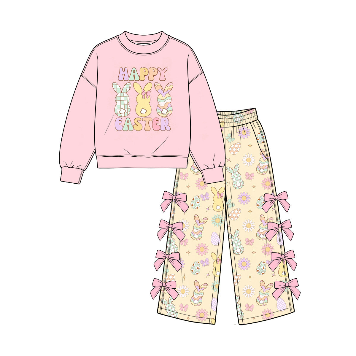 (Preorder new) No moq Baby Girls Easter Bunny Print Long Sleeve Sweatshirt And Side Bow Wide Leg Pants Spring Clothes Set Dress Rompers