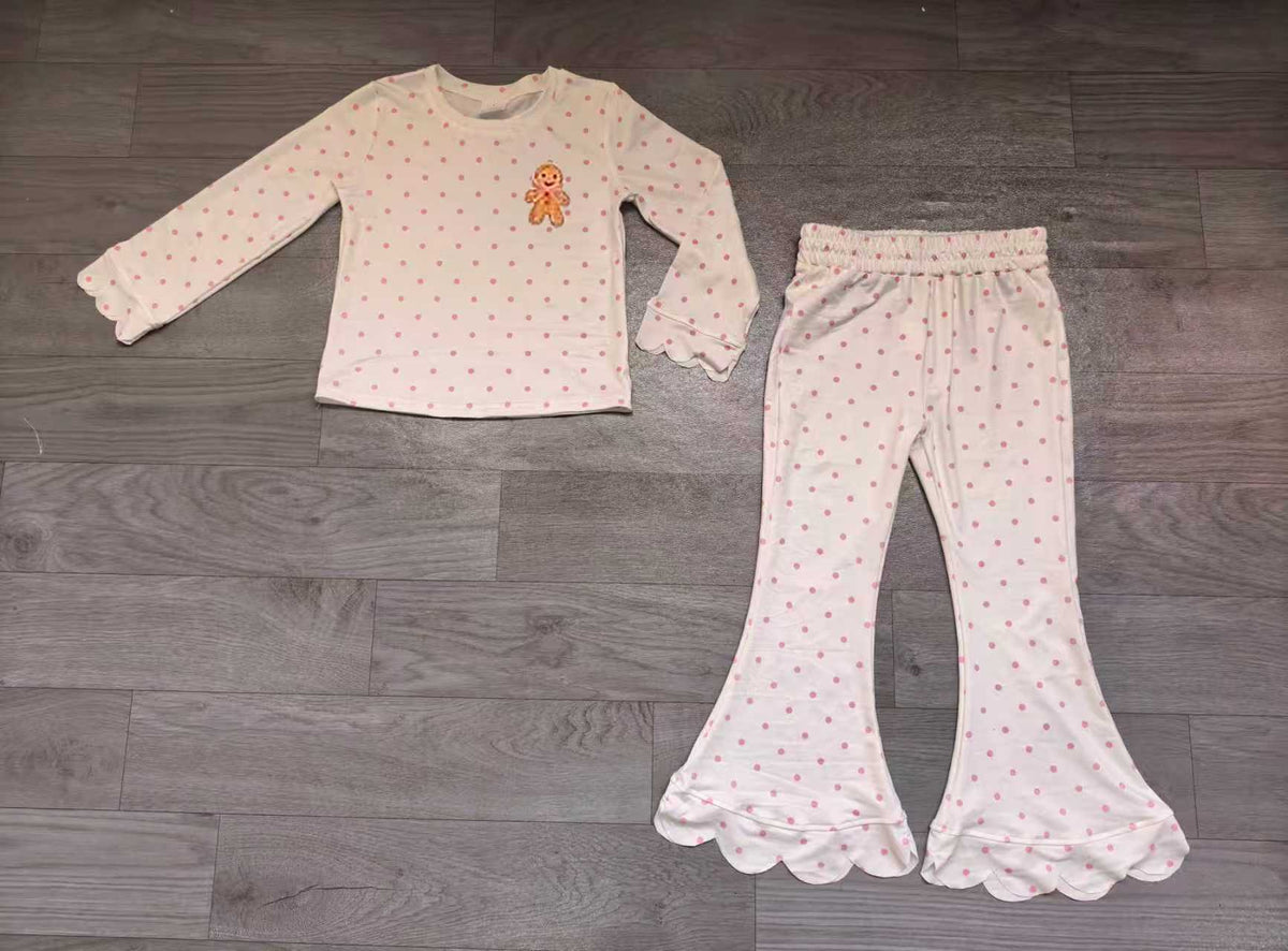 (Sample) No moq milk silk GLP3859 Embroidery Baby Girls Pink Polka Dots Gingerbread Christmas Top And Scallop Flare Pant Set