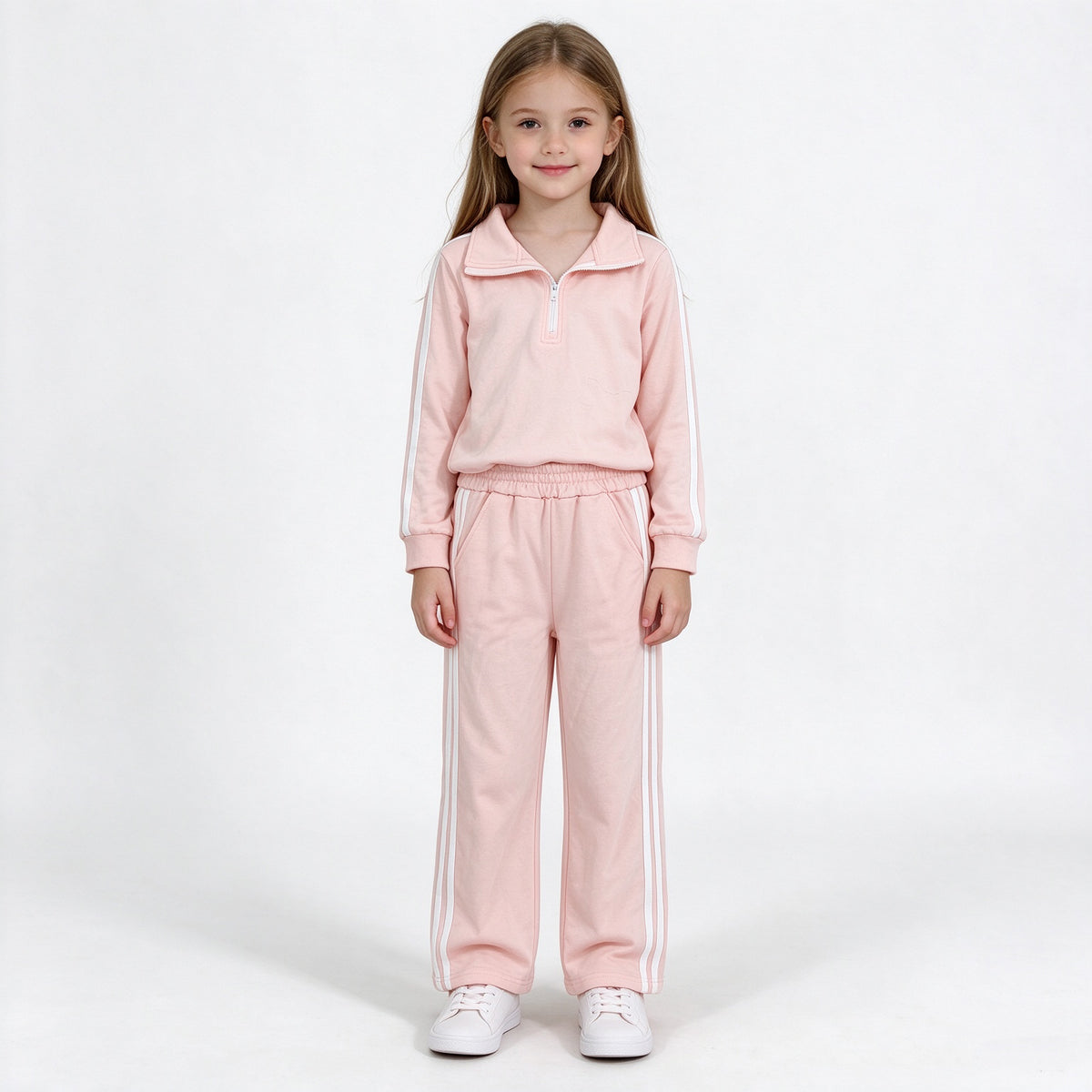 (Sample) No moq Cotton GLP3860 Baby Girls Pink Long Sleeve Zip Choker Pullovers Pant Casual Outfit