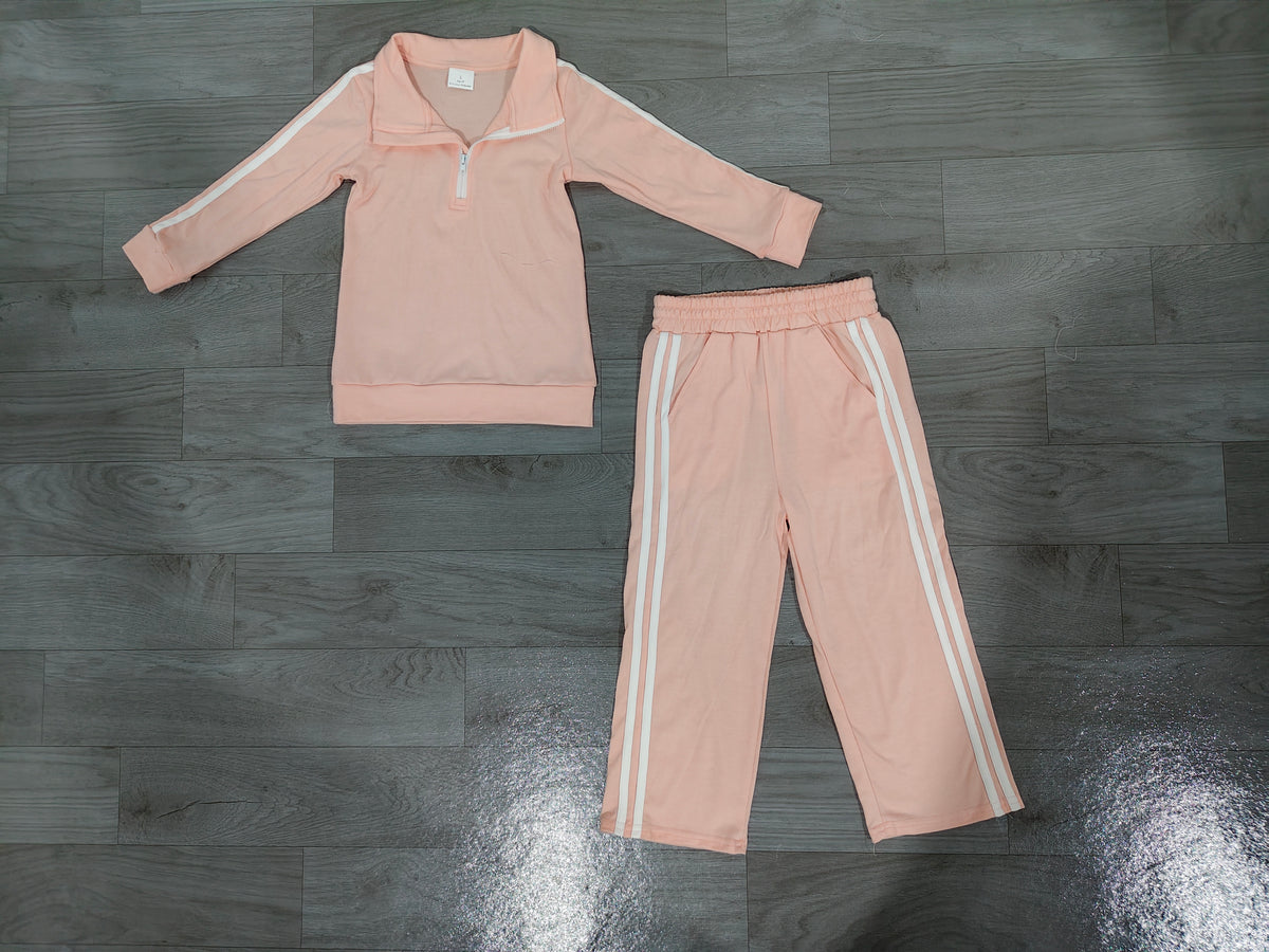 (Sample) No moq Cotton GLP3860 Baby Girls Pink Long Sleeve Zip Choker Pullovers Pant Casual Outfit