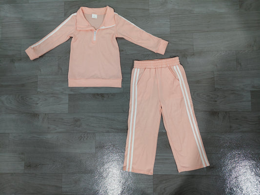 (Sample) No moq Cotton GLP3860 Baby Girls Pink Long Sleeve Zip Choker Pullovers Pant Casual Outfit