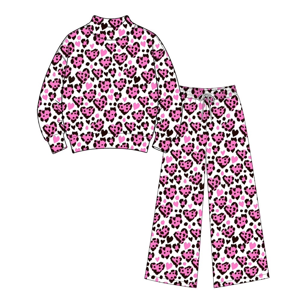 (Preorder new) No moq Adult To Match Kids Pink Heart Leopard Print Mock Neck Long Sleeve Romper Sweatshirt Wide Leg Pants And Blanket Fall 4 Piece Clothes Set