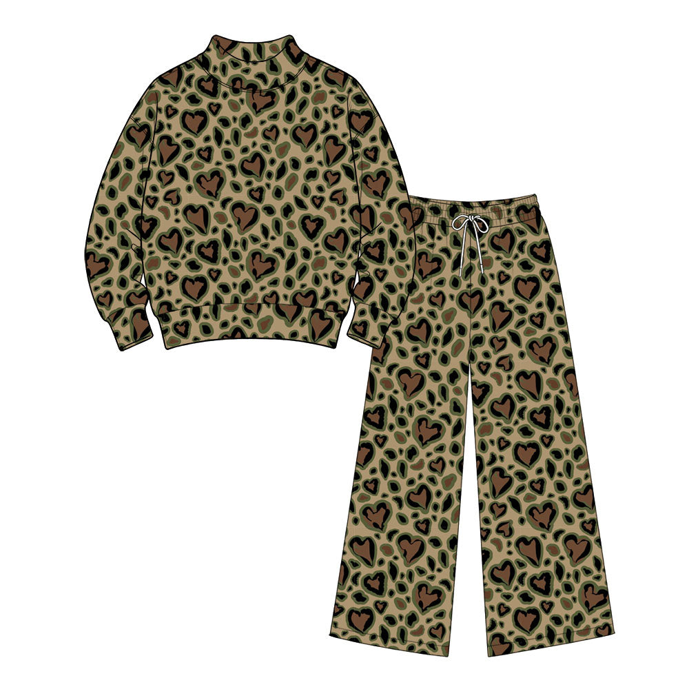(Preorder new) No moq Adult To Match Kids Green Heart Leopard Print Mock Neck Long Sleeve Romper Sweatshirt Wide Leg Pants And Blanket