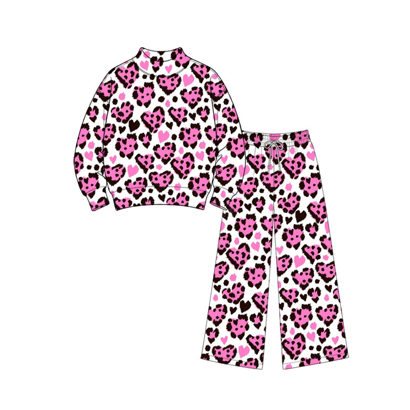 (Preorder new) No moq Adult To Match Kids Pink Heart Leopard Print Mock Neck Long Sleeve Romper Sweatshirt Wide Leg Pants And Blanket Fall 4 Piece Clothes Set