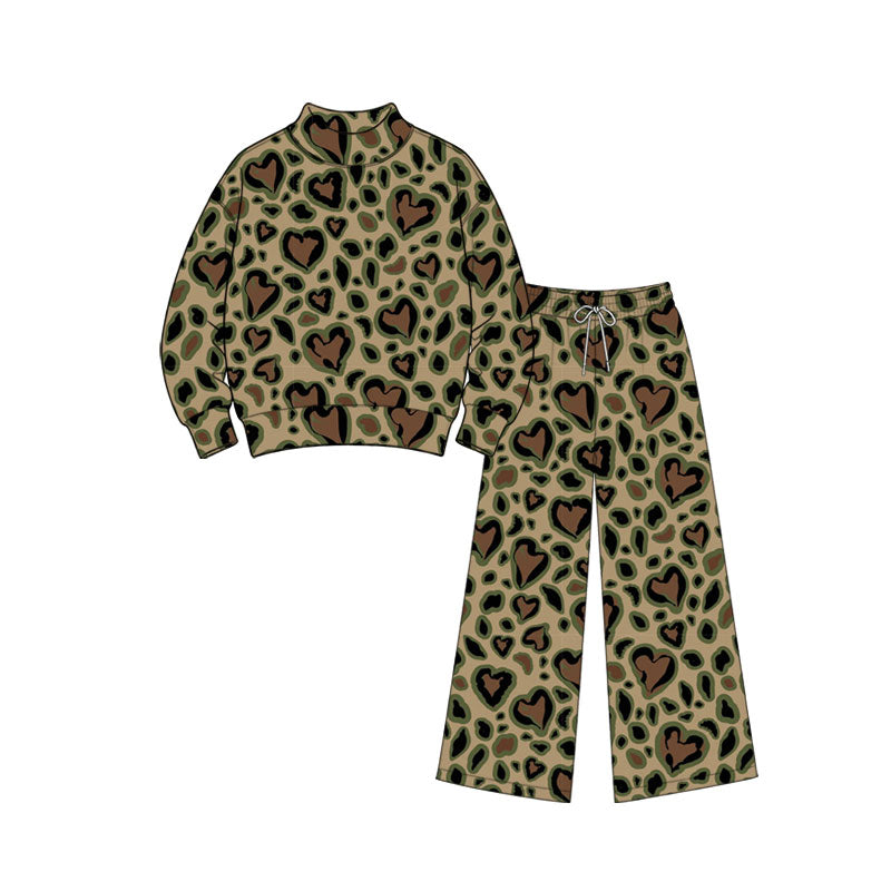 (Preorder new) No moq Adult To Match Kids Green Heart Leopard Print Mock Neck Long Sleeve Romper Sweatshirt Wide Leg Pants And Blanket