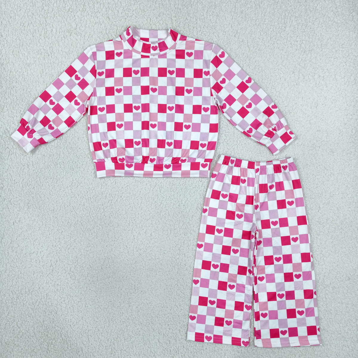 NEW RTS NO MOQ milk silk GLP3867 High Neck Baby Girls Casual Pink Checked Hearts Choker Top Flare Pant Valentines Set