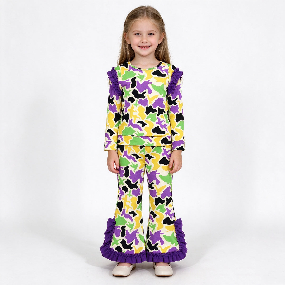 (Sample) No moq milk silk GLP3871 Baby Girls Long Sleeve Camo Top Bell Bottom Pant Set