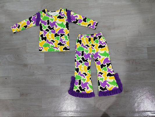 (Sample) No moq milk silk GLP3871 Baby Girls Long Sleeve Camo Top Bell Bottom Pant Set