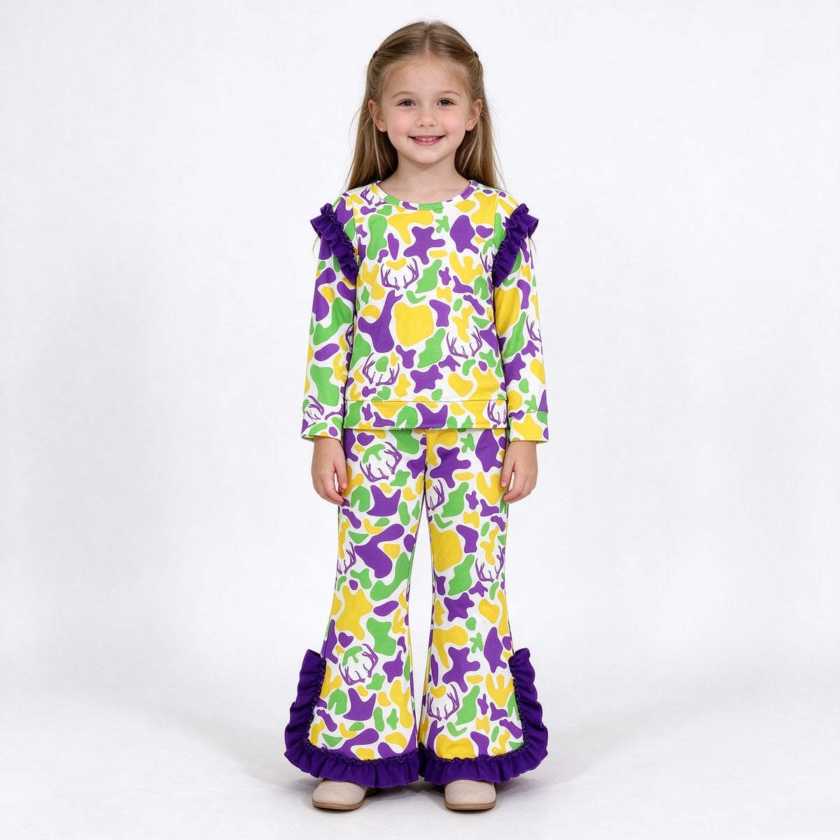 (Sample) No moq milk silk GLP3872 Baby Girls Long Sleeve Deer Camo Top Bell Bottom Pant Set