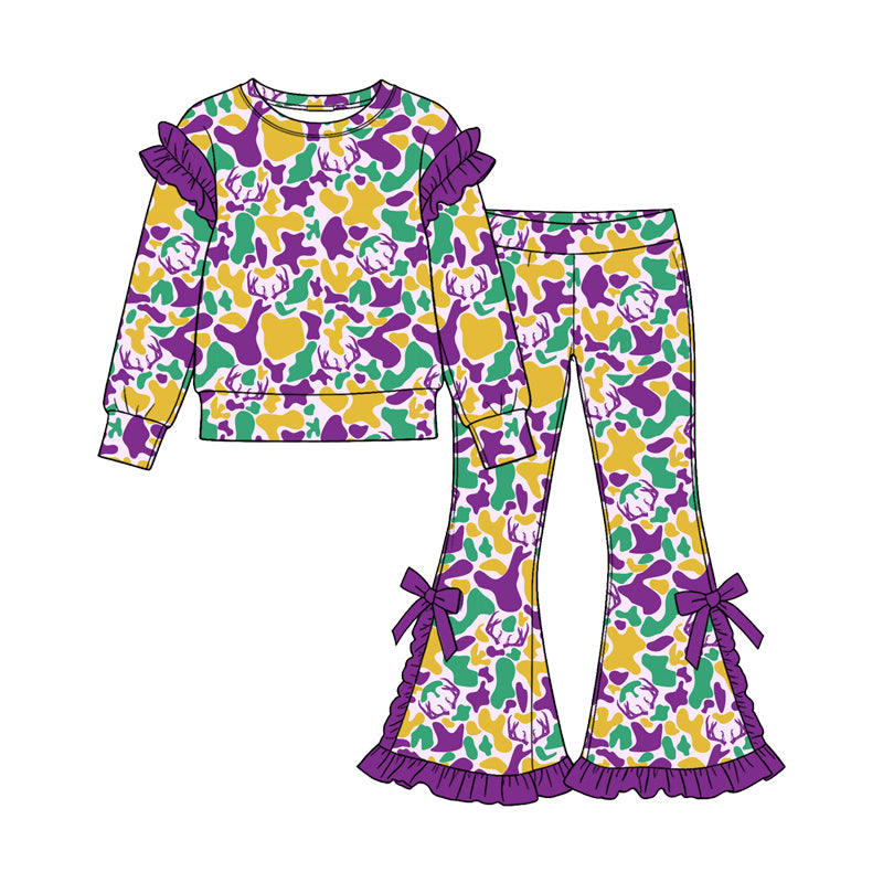 (Preorder new) No moq Baby Girls Camo Print Outfit Set Purple Green Gold Camouflage Hoodie Ruffle Flare Pants Ruffle Sleeve Top Skirt Clothes