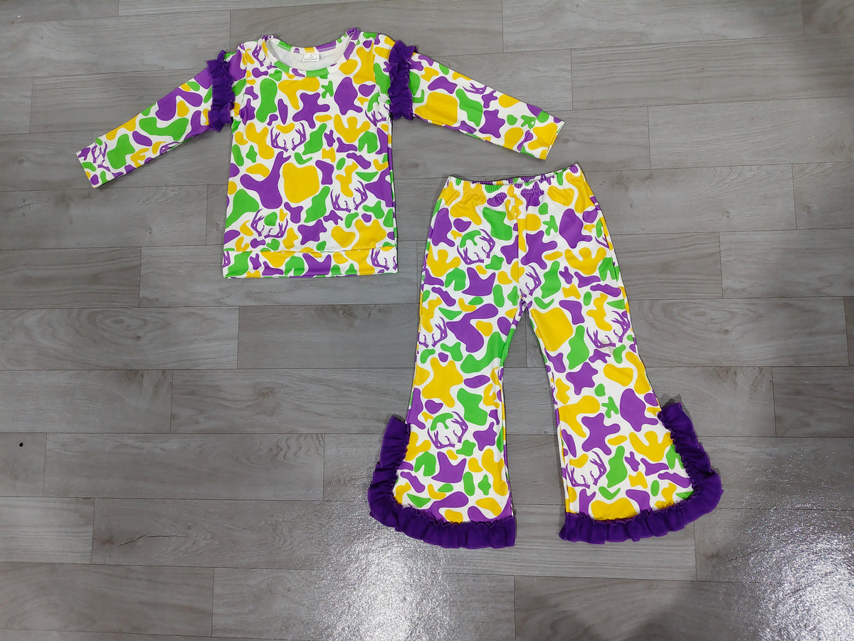 (Sample) No moq milk silk GLP3872 Baby Girls Long Sleeve Deer Camo Top Bell Bottom Pant Set