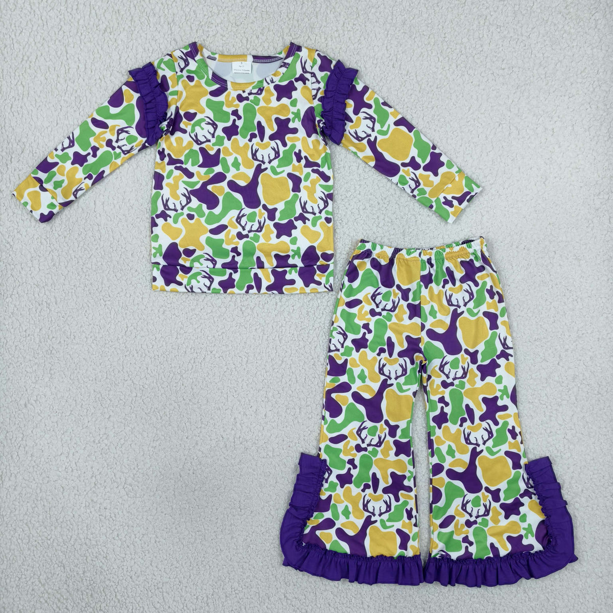 NEW RTS NO MOQ milk silk GLP3872 Baby Girls Purple Long Sleeve Deer Camo Top Bell Bottom Pant Set