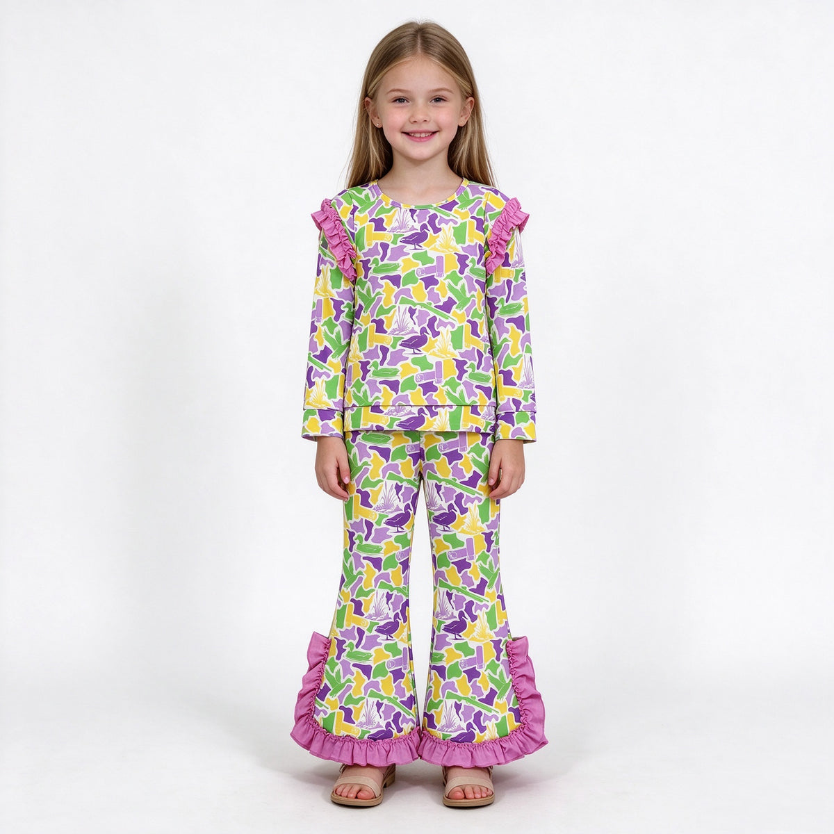 (Sample) No moq milk silk GLP3873 Baby Girls Duck Camo Print Long Sleeve Top Bell Bottom Pant Outfit Set