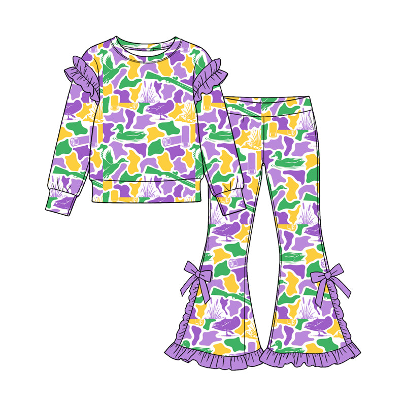 (Preorder new) No moq Baby Girls Camo Print Outfit Set Purple Green Gold Duck Camouflage Hoodie Ruffle Flare Pants Ruffle Sleeve Top Skirt Outfit