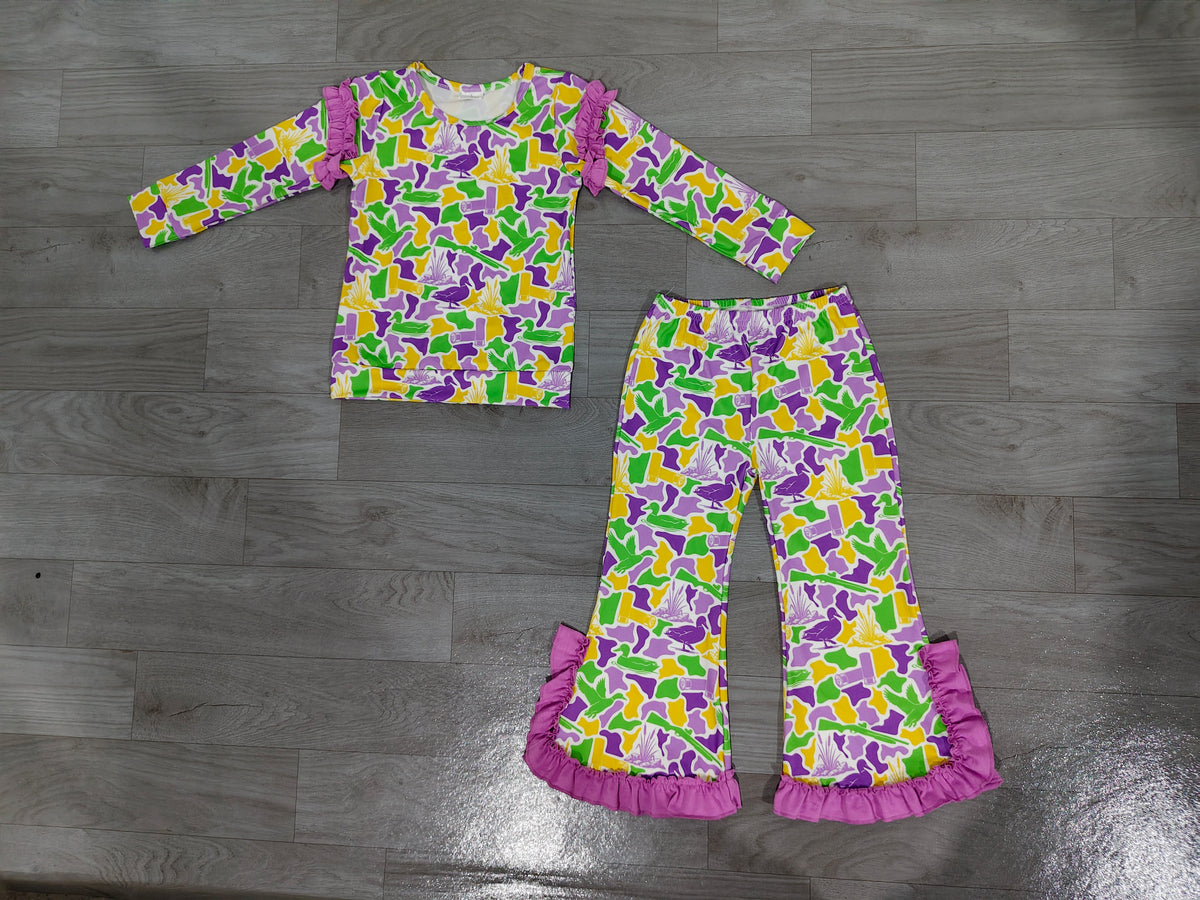(Sample) No moq milk silk GLP3873 Baby Girls Duck Camo Print Long Sleeve Top Bell Bottom Pant Outfit Set