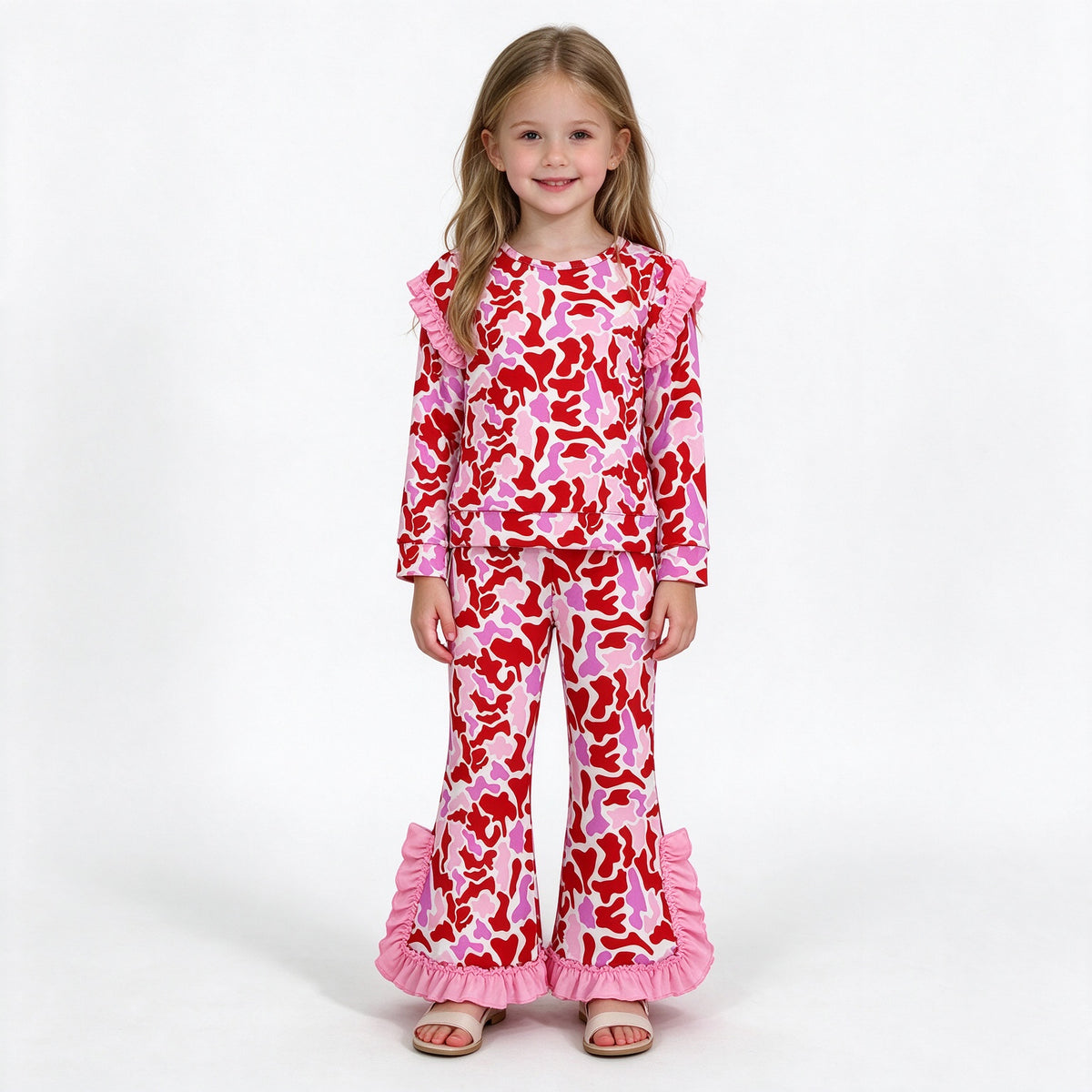 (Sample) No moq milk silk GLP3876 Baby Girls Pink Camo Top Bell Bottom Pant Valentines Set