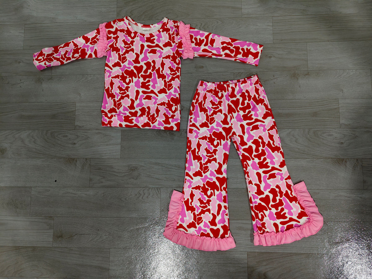 (Sample) No moq milk silk GLP3876 Baby Girls Pink Camo Top Bell Bottom Pant Valentines Set