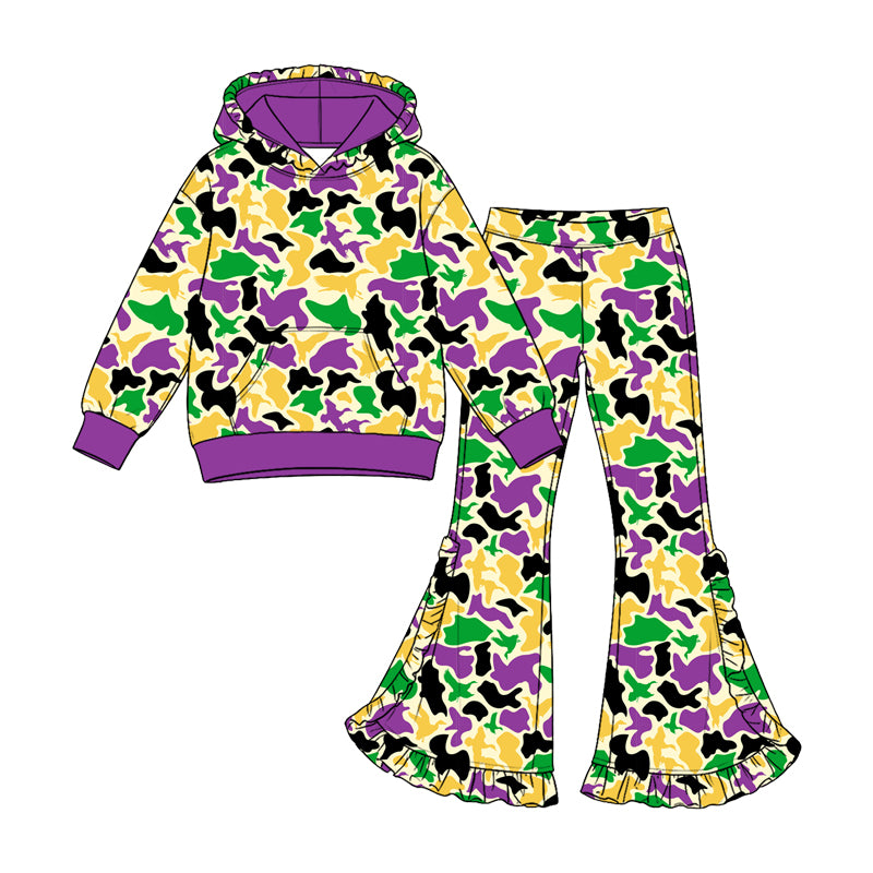 (Preorder new) No moq Baby Girls Camo Print Outfit Set Purple Green Gold Camouflage Hoodie Ruffle Flare Pants Girls Ruffle Sleeve Top Skirt Matching Clothes