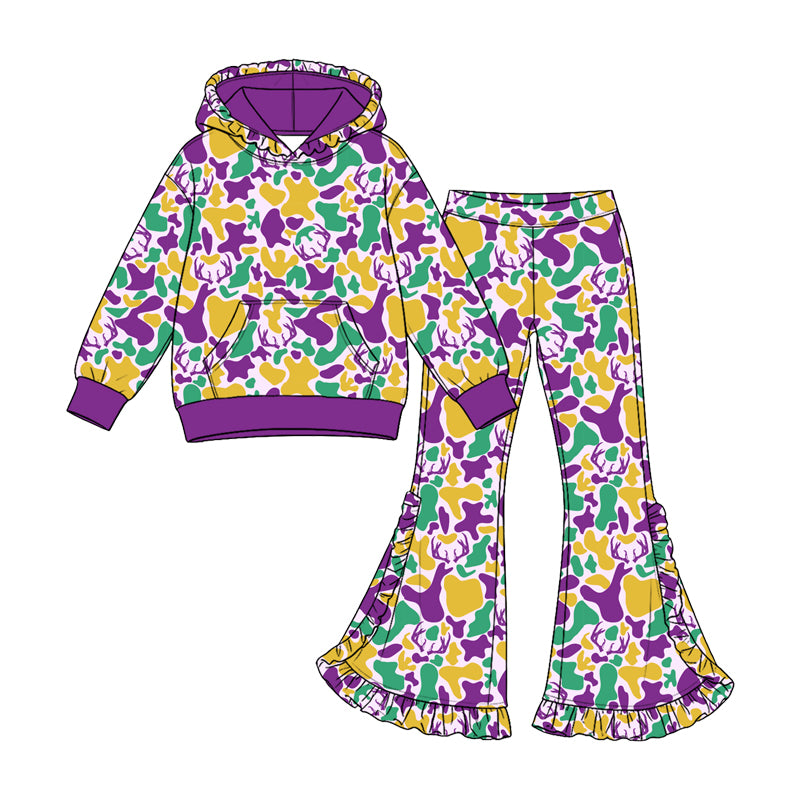 (Preorder new) No moq Baby Girls Camo Print Outfit Set Purple Green Gold Camouflage Hoodie Ruffle Flare Pants Ruffle Sleeve Top Skirt Clothes