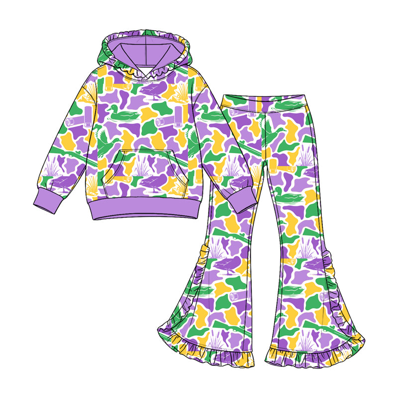 (Preorder new) No moq Baby Girls Camo Print Outfit Set Purple Green Gold Duck Camouflage Hoodie Ruffle Flare Pants Ruffle Sleeve Top Skirt Outfit