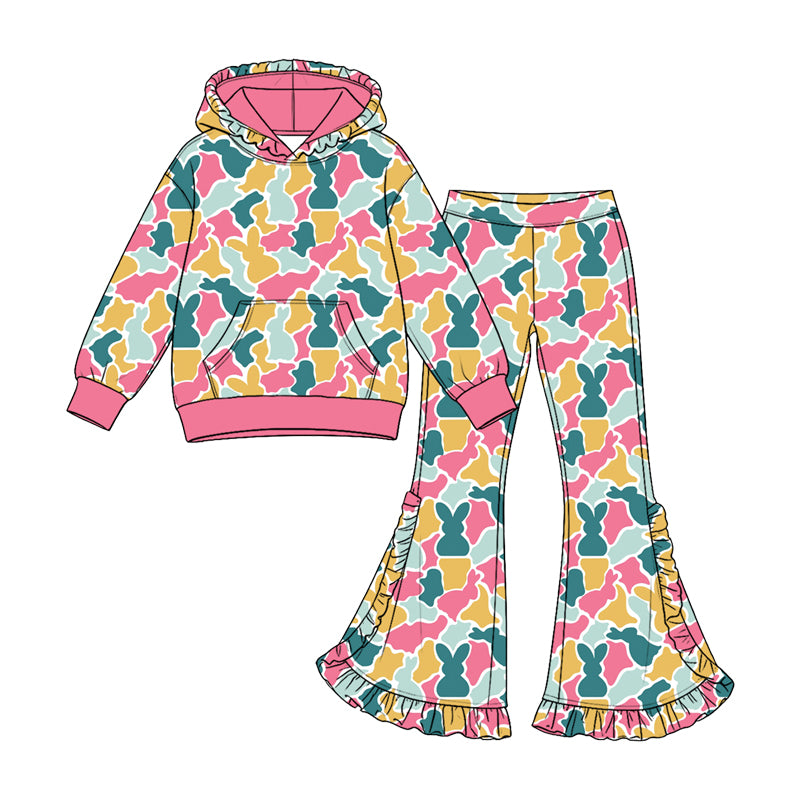 (Preorder new) No moq Baby Girls Easter Bunny Camo Print Outfit Set Pink Green Gold Rabbit Camouflage Hoodie Ruffle Flare Pants Ruffle Sleeve Top Skirt Matching Spring Clothes