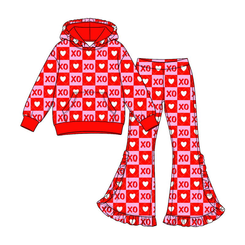 (Preorder new) No moq Baby Girls Valentines XO Heart Checkered Print Outfit Set Red Pink Plaid Heart Hoodie Ruffle Flare Pants Ruffle Sleeve Top Skirt Matching Valentines Clothes