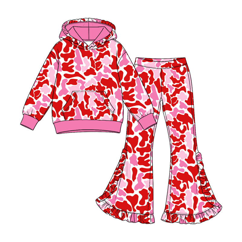 (Preorder new) No moq Baby Girls Valentines Heart Camo Print Outfit Set Red Pink Heart Camouflage Hoodie Ruffle Flare Pants Ruffle Sleeve Top Skirt Matching Valentines Clothes