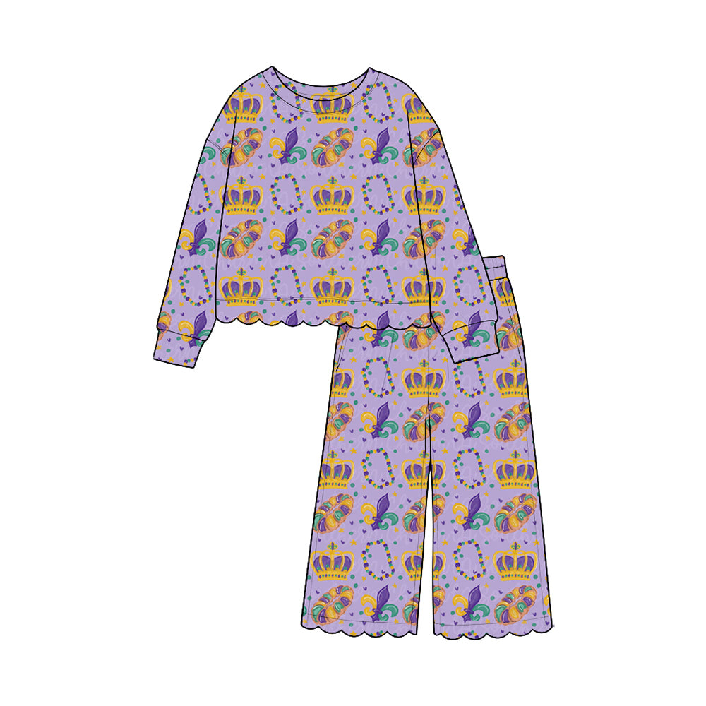 (Preorder new) No moq cotton Baby Girls Print Jumpsuit And Girls Ruffled Top Wide Leg Pants Set Purple Green Gold Matching Outfit