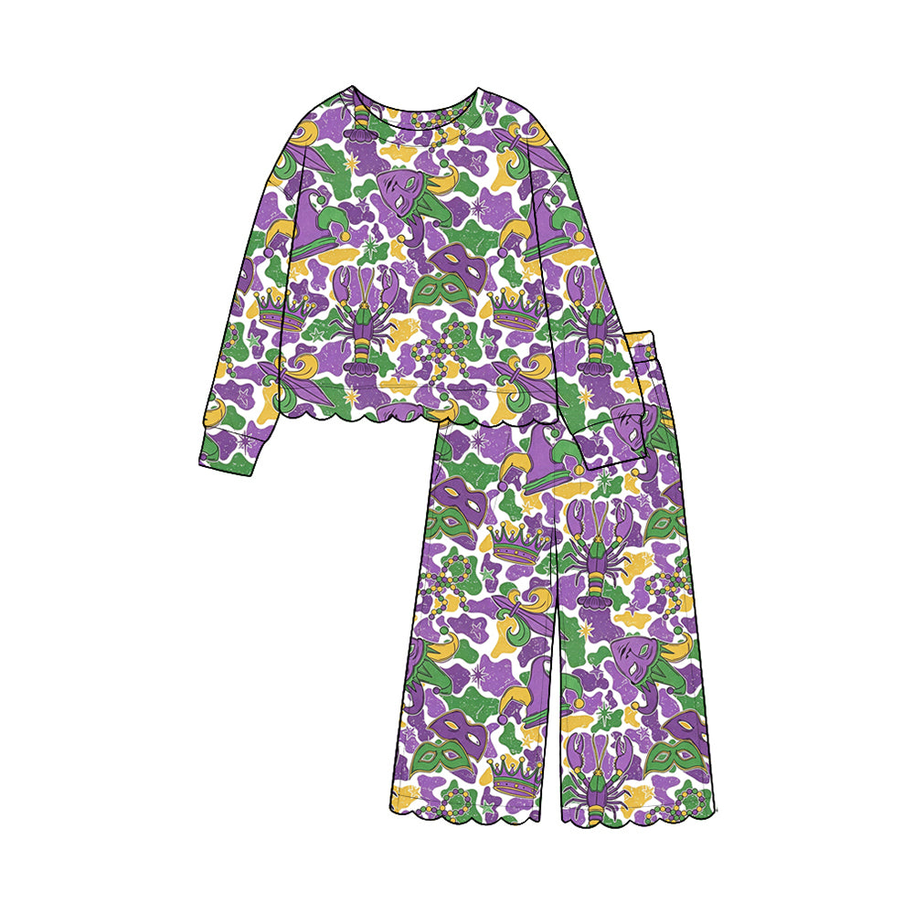 (Preorder new) No moq cotton Baby Girls Long Sleeve Print Jumpsuit And Girls Ruffled Top Wide Leg Pants Set