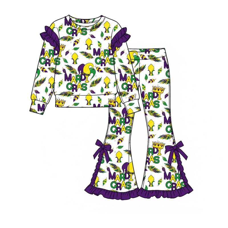 (Preorder new) No moq Toddler Girls Ruffle Long Sleeve Printed Sweatshirt And Flare Pant Set