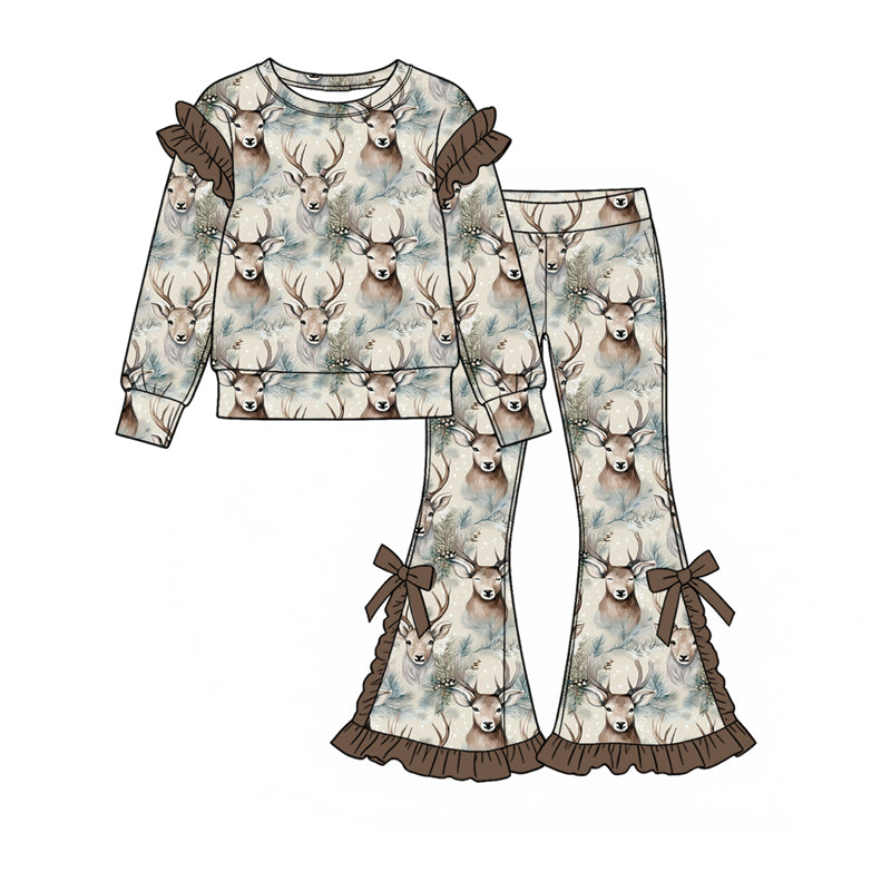 (Preorder new) No moq Toddler Girls Long Sleeve Ruffle Sweatshirt And Flare Bell Bottom Pant Set
