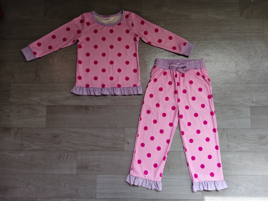 (Sample) No moq milk silk GLP3901 Baby Girls Pink Polka Dots Shirt Top Ruffle Flare Pant Clothes Set