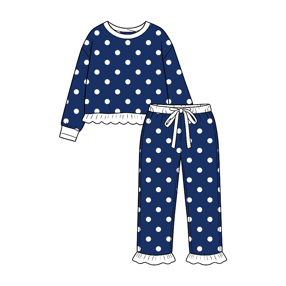 (Preorder new) No moq Baby Girls Polka Dot Pajama Set Long Sleeve Ruffle Top And Ruffle Pant Sleepwear