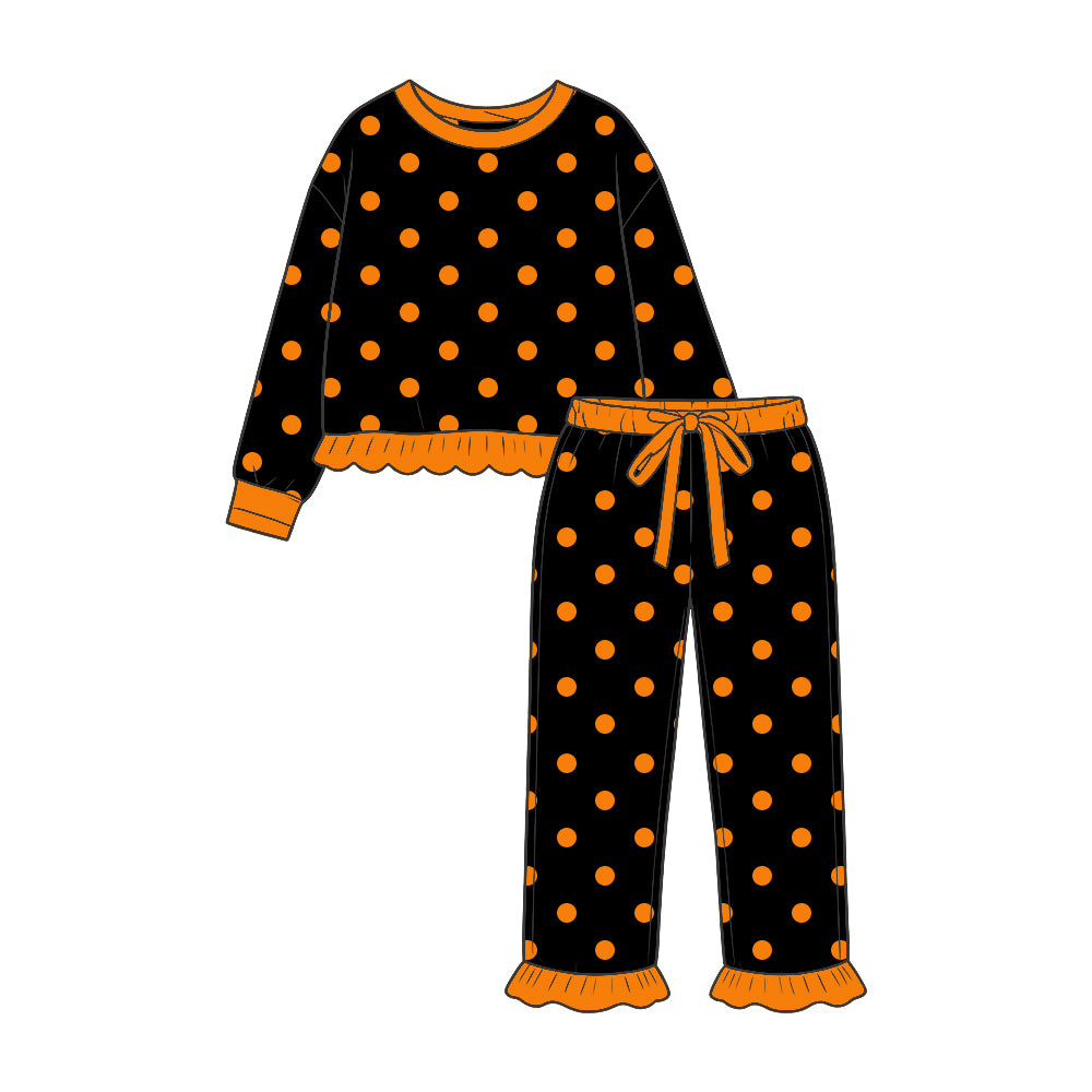 (Preorder new) No moq Baby Girls Polka Dot Pajama Set Long Sleeve Ruffle Top And Ruffle Pant Sleepwear