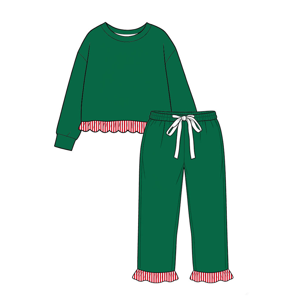 (Preorder new) No moq GLP3908 Baby Girls Green Long Sleeve Top Ruffle Pant Cute Daily Wear Set