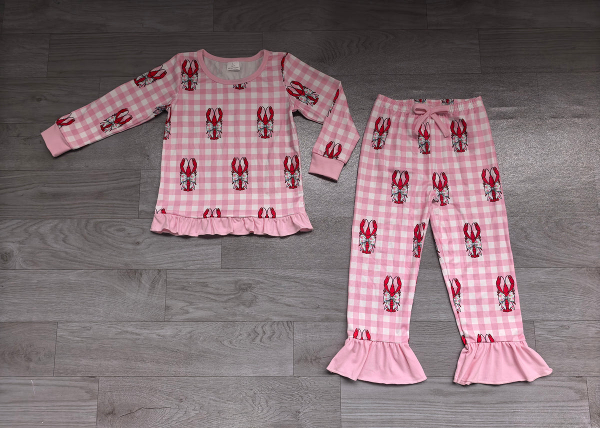 (Sample) No moq milk silk GLP3909 Baby Girls Pink Checked Bows Crayfishes Casual Top Pockets Ruffle Flare Pants Clothes Set