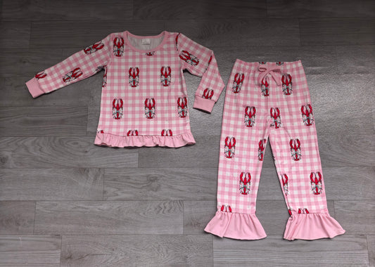 (Sample) No moq milk silk GLP3909 Baby Girls Pink Checked Bows Crayfishes Casual Top Pockets Ruffle Flare Pants Clothes Set