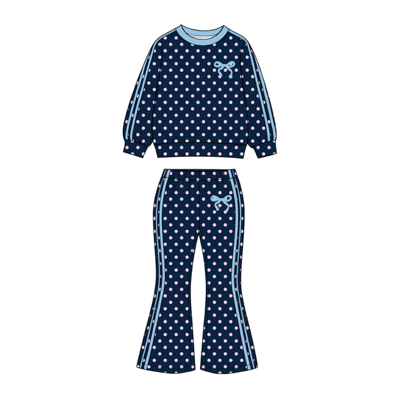 (Preorder new) No moq GLP3910 Baby Girls Navy Polka Dots Bow Top Bell Bottom Pant Set