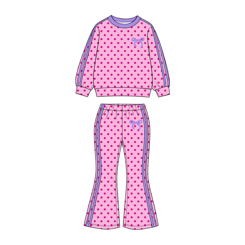 (Preorder new) No moq GLP3911 Baby Girls Pink Polka Dots Bow Top Bell Bottom Pant Set